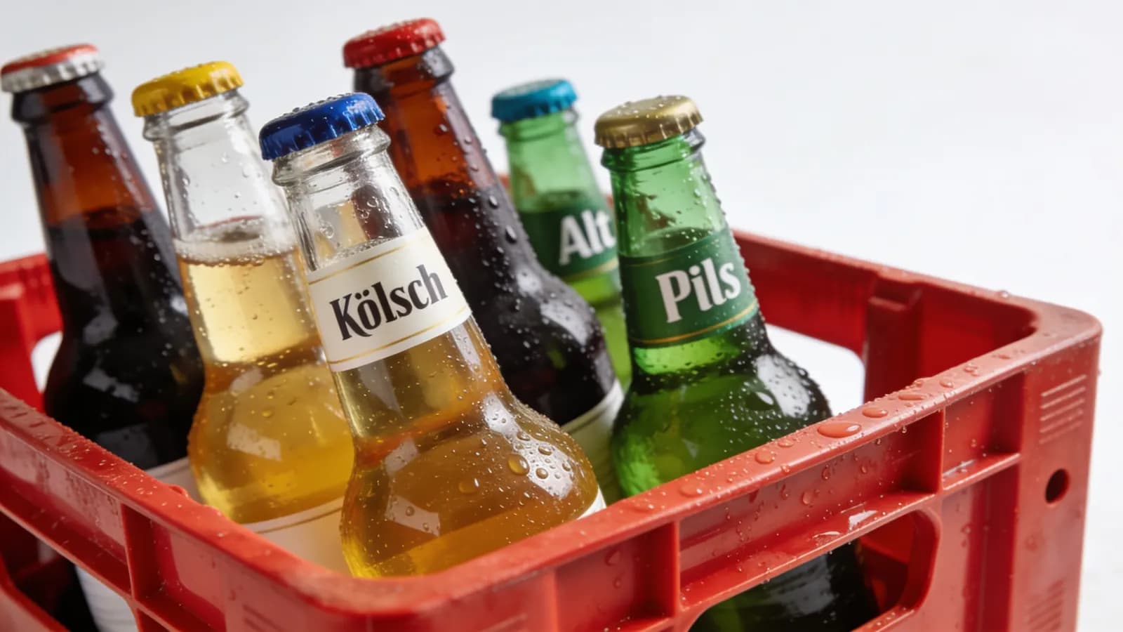Rote Getränkekiste mit gekühlten Flaschen Kölsch, Alt und Pils